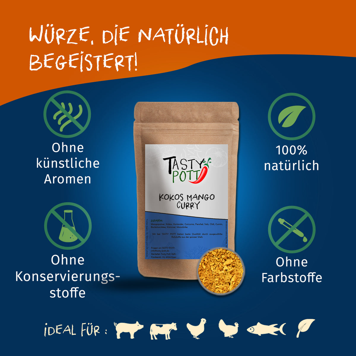 Braune Tasty-Pott-Gewürzdose Kokos Mango Curry auf blauem Hintergrund, umgeben von Symbolen für natürliche Zutaten und ohne Zusatzstoffe.