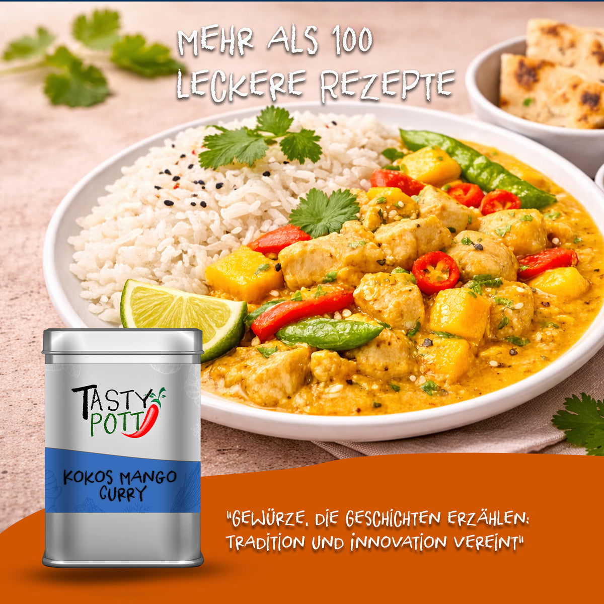 Tasty-Pott-Kokos-Mango-Curry-Gewürzdose vor einem Teller Currygericht mit Reis, Gemüse und Limette.