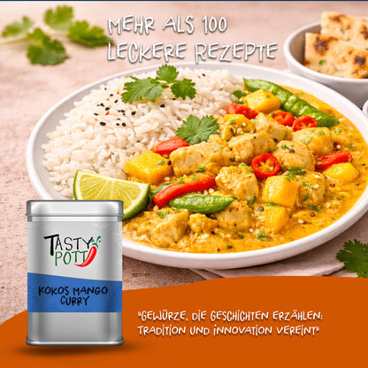 Tasty-Pott-Kokos-Mango-Curry-Gewürzdose vor einem Teller Currygericht mit Reis, Gemüse und Limette.
