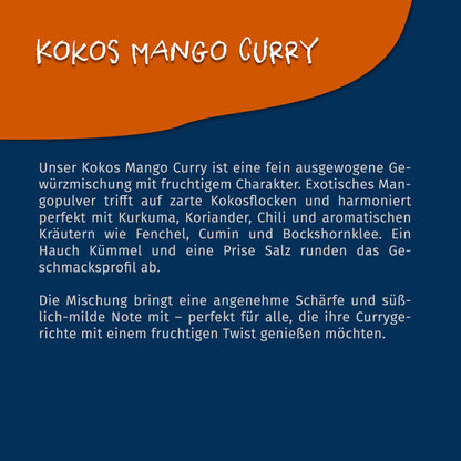 Texttafel mit Beschreibung der Tasty-Pott-Kokos-Mango-Curry-Gewürzmischung auf blau-orangefarbenem Hintergrund.