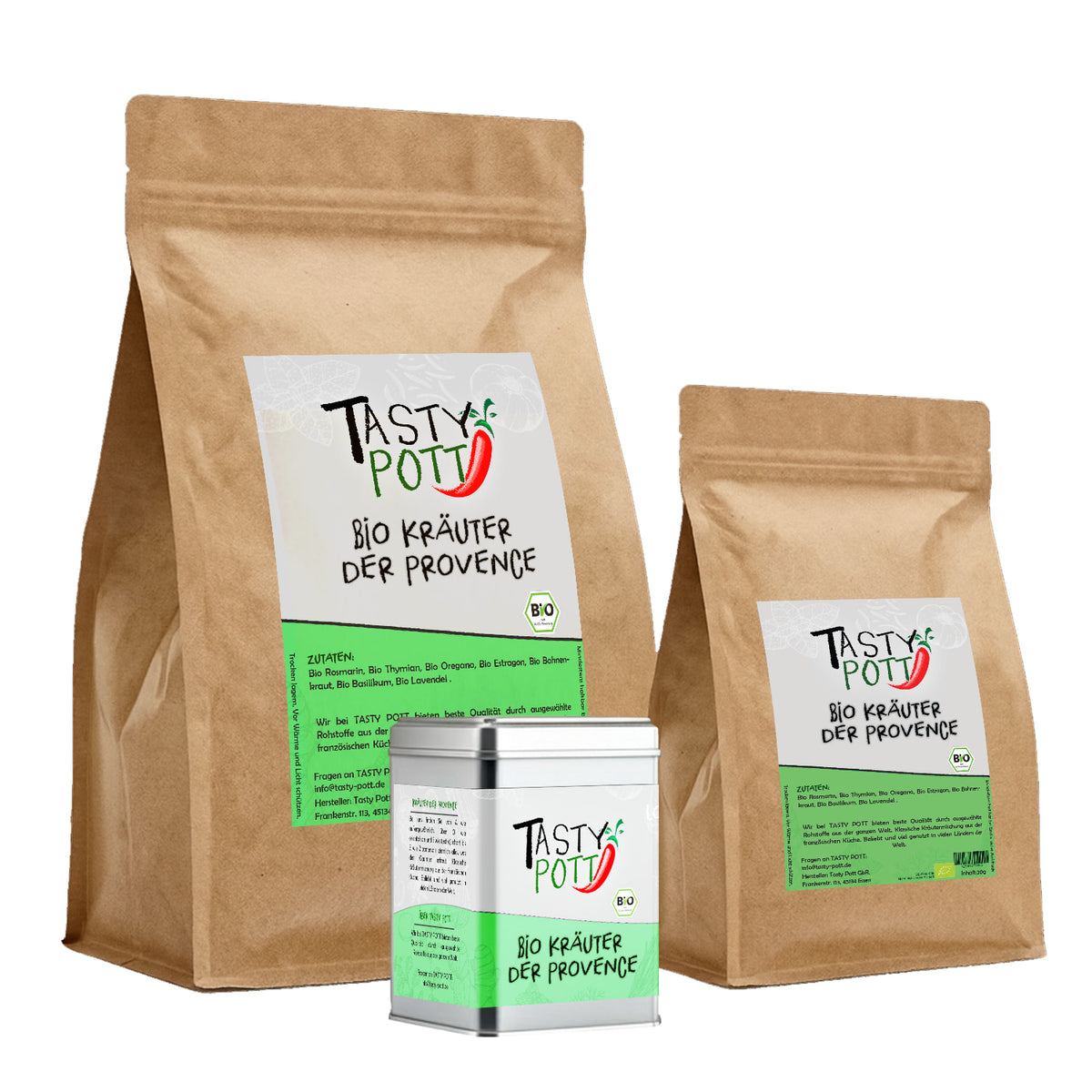 Zwei Tasty Pott Nachfüllbeutel und eine Dose Bio Kräuter der Provence nebeneinander vor weißem Hintergrund, Etiketten gut lesbar.