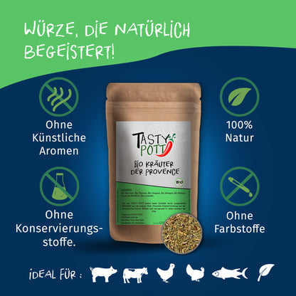 Tasty Pott Nachfüllbeutel Bio Kräuter der Provence mittig auf blau-grünem Hintergrund, umgeben von Symbolen für natürliche gewürze und ohne Zusatzstoffe.