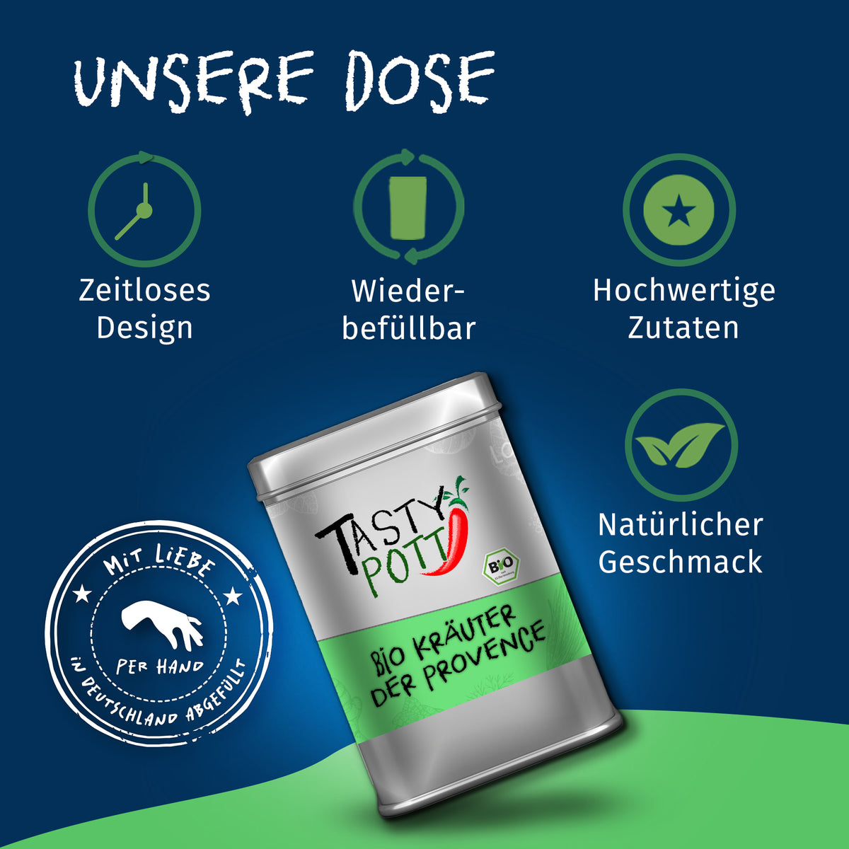 Tasty Pott Dose Bio Kräuter der Provence auf blau-grünem Hintergrund, daneben Symbole für zeitloses Design und wiederbefüllbare Verpackung.