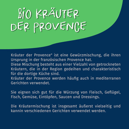 Texttafel mit Beschreibung der Kräuter der Provence, Verwendungsmöglichkeiten und Herkunft, oben Überschrift Bio Kräuter der Provence.
