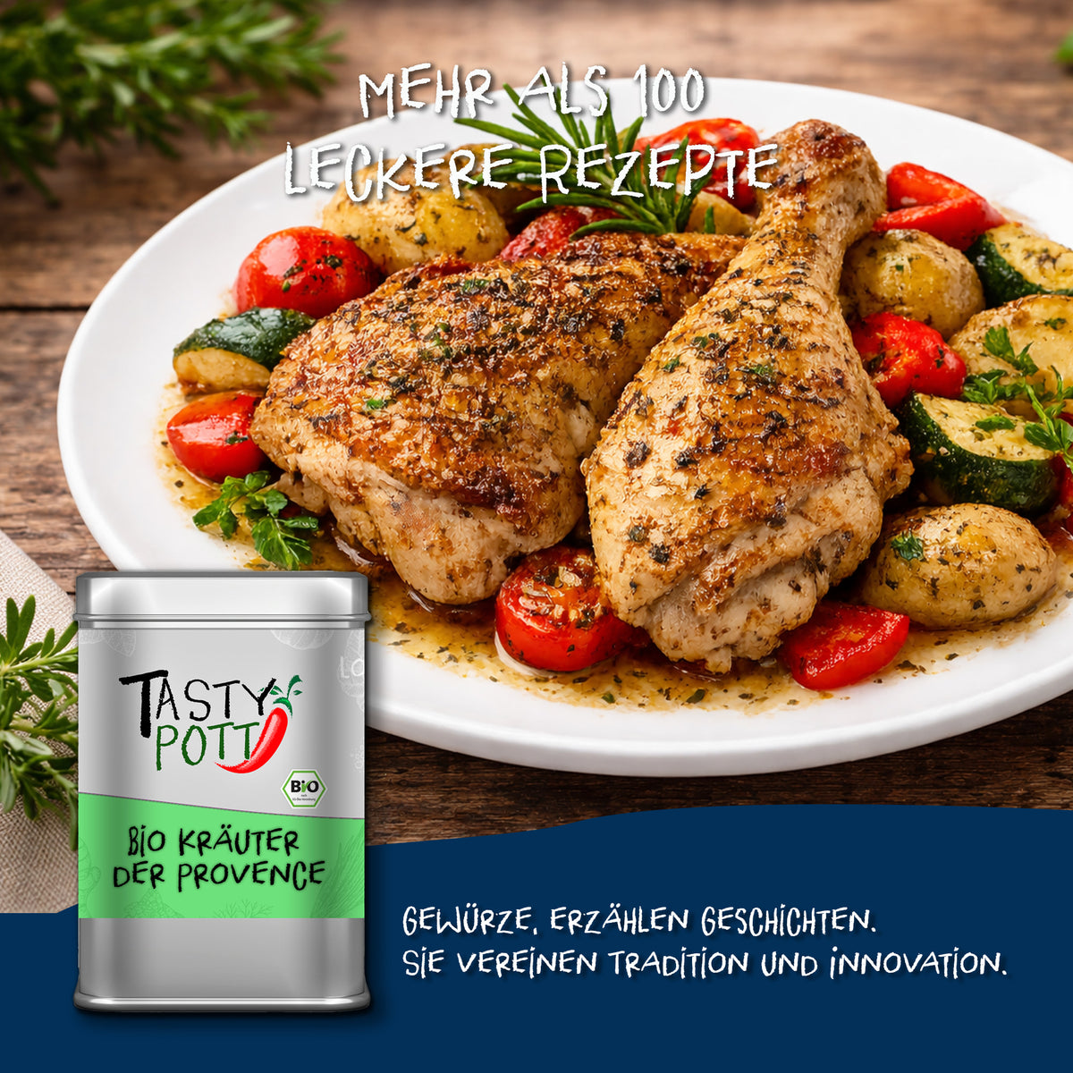 Tasty Pott Dose Kräuter der Provence vor einem Teller mit gebratenem Hähnchen, Kartoffeln, Zucchini und Tomaten, im Hintergrund Gewürze sichtbar.