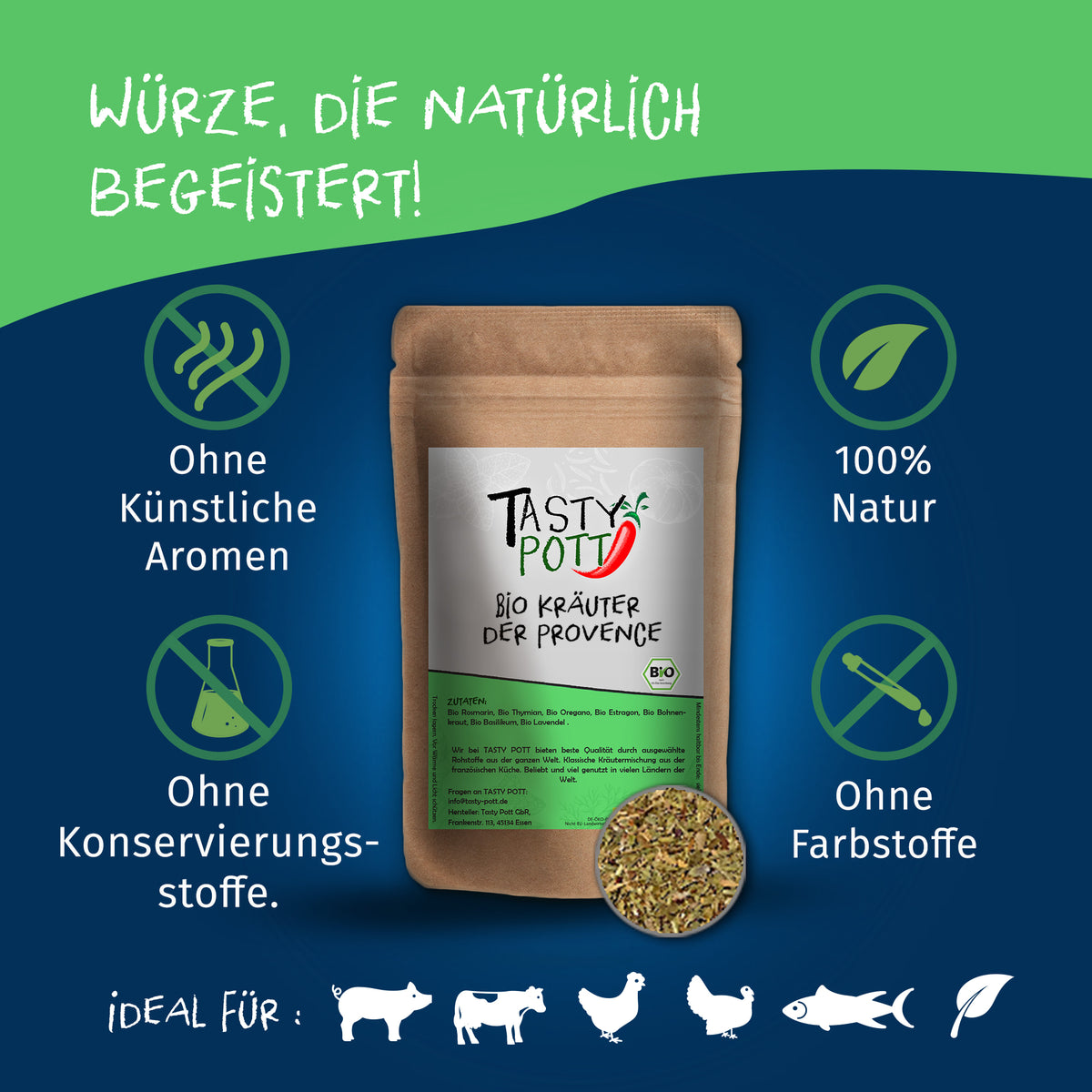 Tasty Pott Bio Kräuter der Provence im braunen Nachfüllbeutel, umgeben von Symbolen für natürliche Produkte und ohne Zusatzstoffe.