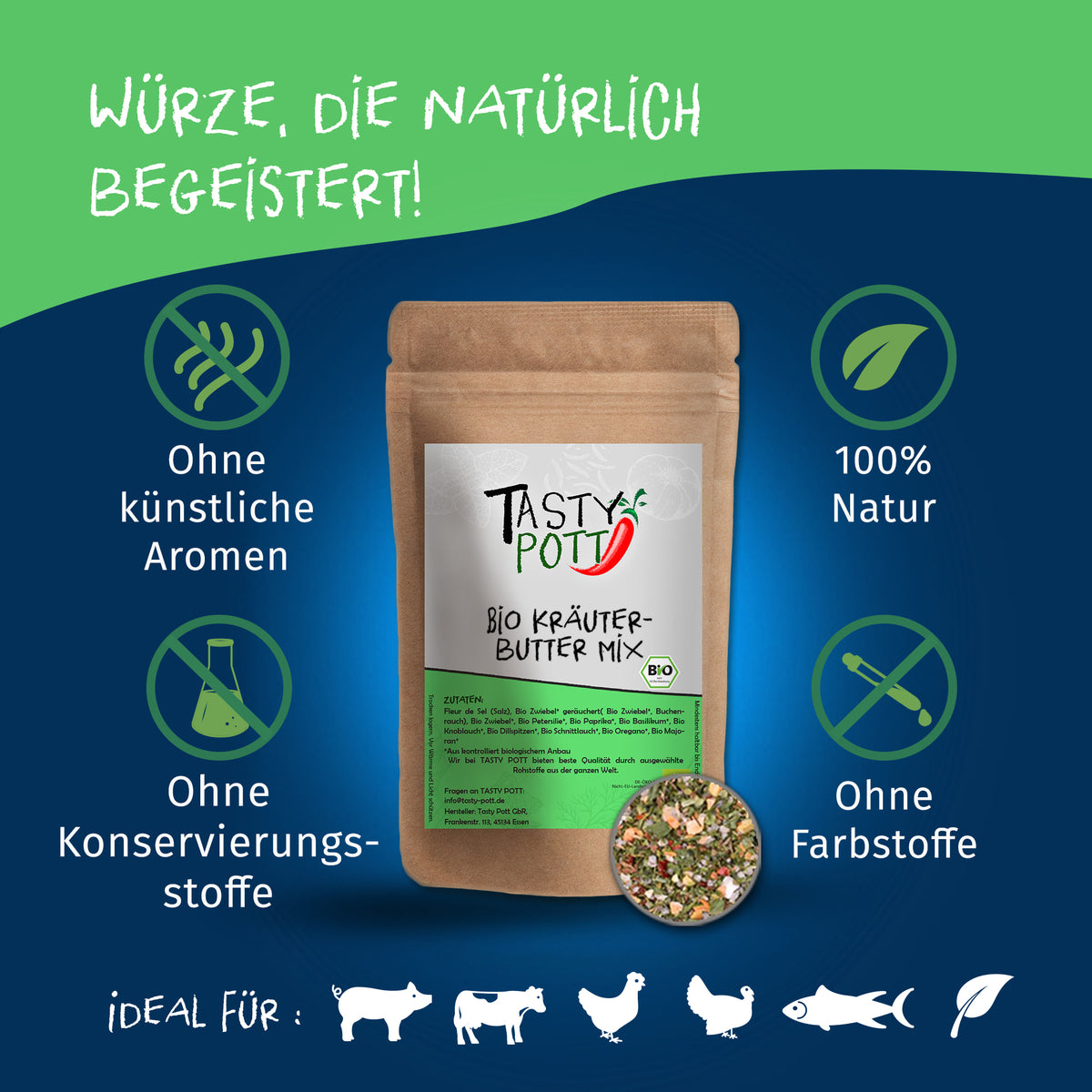Tasty Pott Kräuterbutter Gewürzmischung im braunen Beutel, umgeben von Symbolen für natürliche Zutaten und ohne künstliche Zusätze, auf blau-grünem Hintergrund.