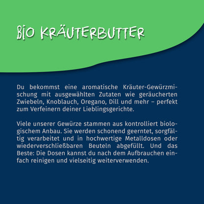 Texttafel mit Beschreibung der Tasty Pott Kräuterbutter Gewürzmischung und Informationen zu Zutaten und nachhaltiger Verpackung auf grün-blauem Hintergrund.