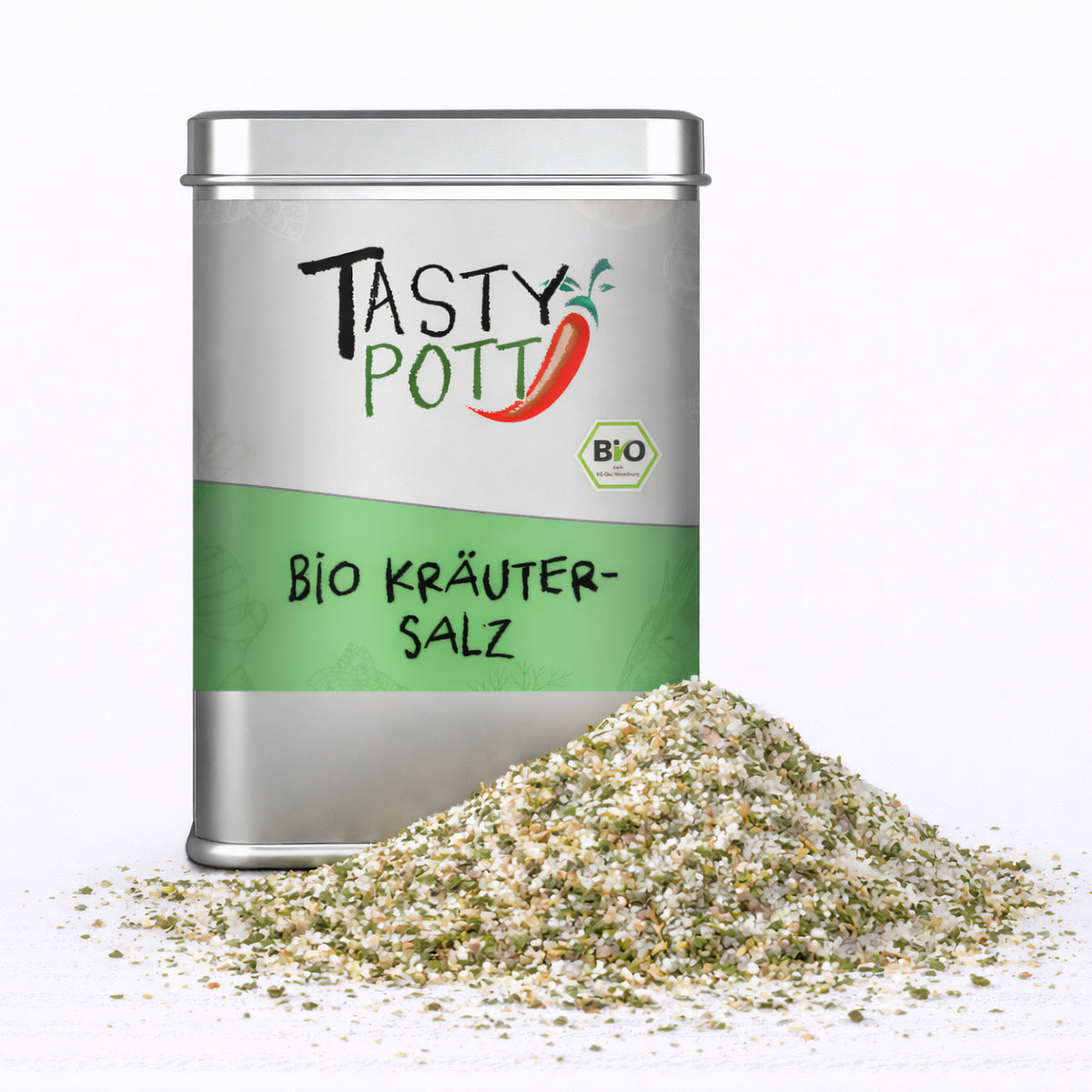 Tasty Pott Bio Kräutersalz in silberner 100g Dose, davor ein Haufen der grobkörnigen Kräutermischung aus Salz und getrockneten Kräutern.