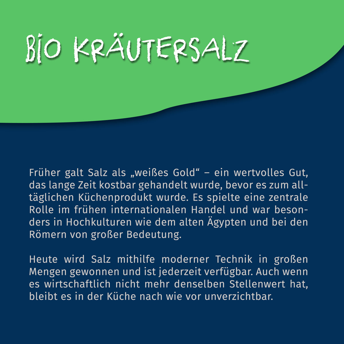 Texttafel mit Informationen zur Geschichte und Bedeutung von Salz, Überschrift Bio Kräutersalz, ohne Abbildung des Produkts.