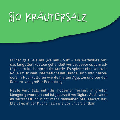 Texttafel mit Informationen zur Geschichte und Bedeutung von Salz, Überschrift Bio Kräutersalz, ohne Abbildung des Produkts.