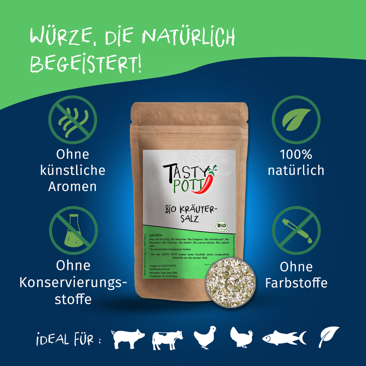 Tasty Pott Kräutersalz Gewürzmischung im braunen Beutel, umgeben von Icons für natürliche Zutaten und ohne Zusatzstoffe, auf blau-grünem Hintergrund.
