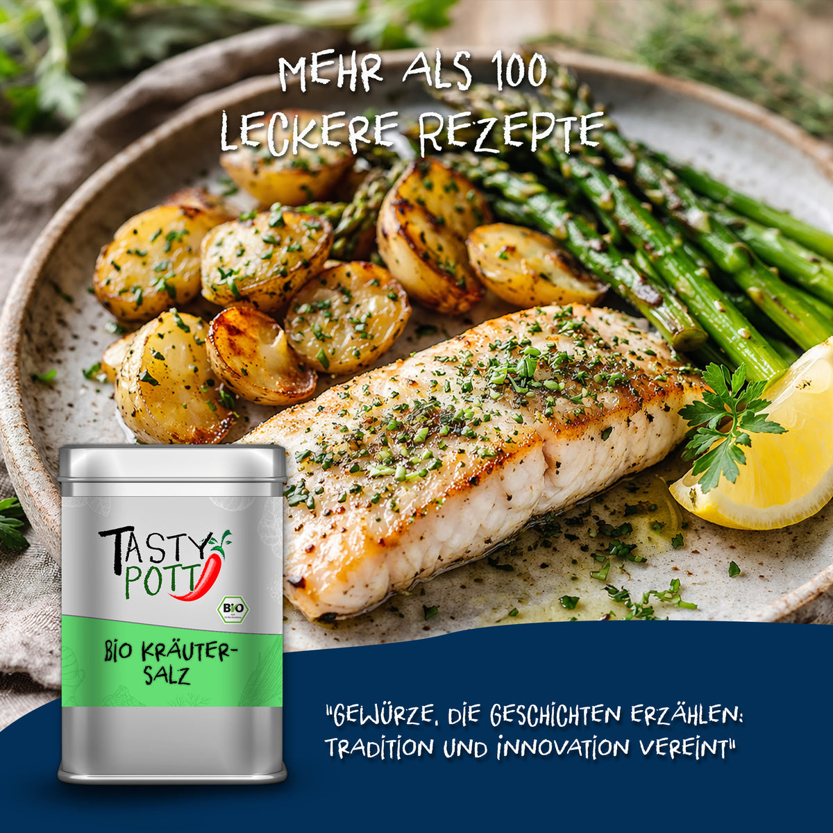 Tasty Pott Kräutersalz Dose vor einem Teller mit gebratenem Fisch, Kartoffeln und grünem Spargel, alles mit Kräutern bestreut.