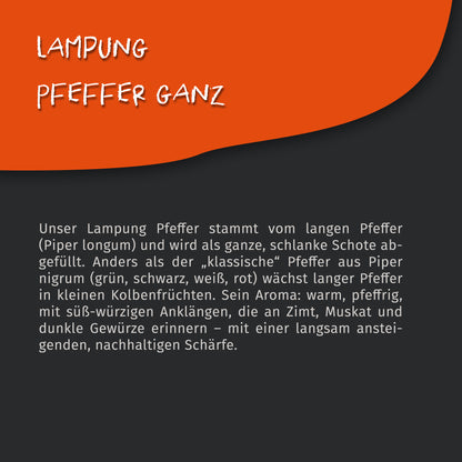 Texttafel mit Beschreibung zu Lampung Pfeffer ganz, Herkunft und Aroma, auf schwarzem Hintergrund mit orangefarbener Ecke.