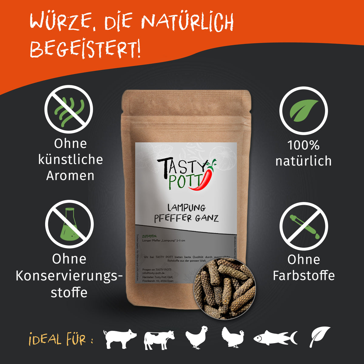 Tasty Pott Lampung Pfeffer ganz Nachfüllbeutel mit Stangenpfeffer, umgeben von Symbolen für natürliche Zutaten und ohne Zusatzstoffe auf dunklem Hintergrund.