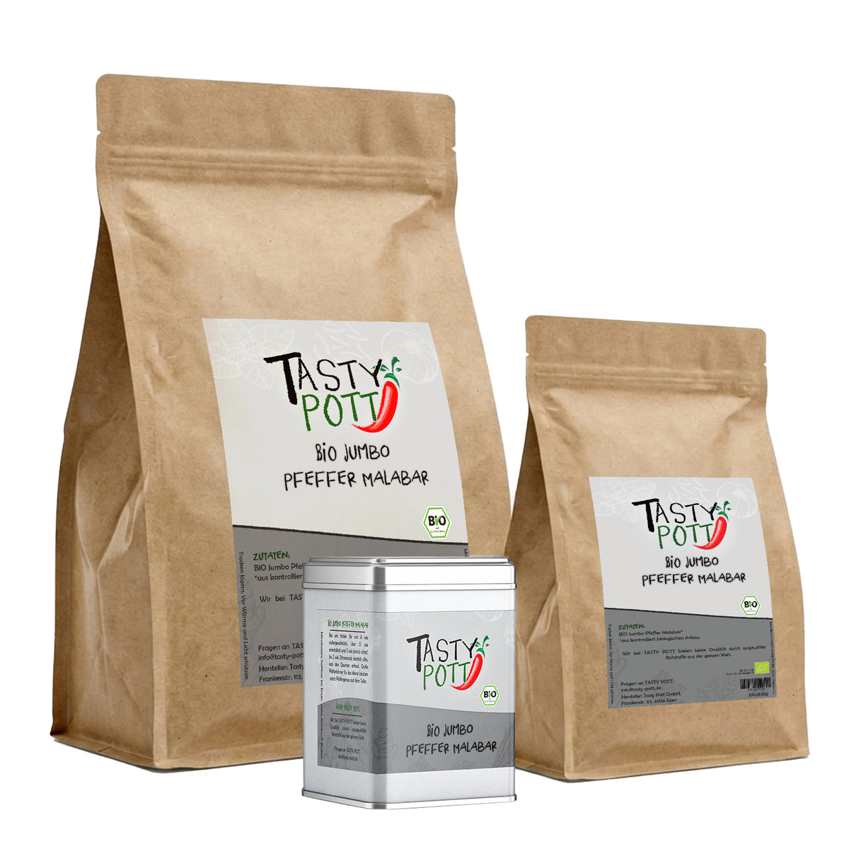 Zwei Tasty Pott Bio Jumbo Malabar Pfeffer Nachfüllbeutel und eine Pfefferdose nebeneinander auf weißem Hintergrund.
