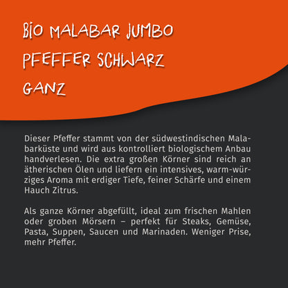 Texttafel mit Beschreibung zu Tasty Pott Bio Malabar Jumbo Pfeffer schwarz ganz, Herkunft und Verwendungsmöglichkeiten.