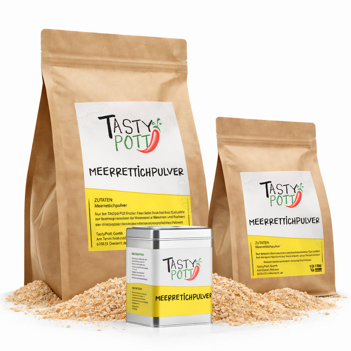 Tasty Pott Meerrettichpulver 250g Nachfüllbeutel und Dose vor losem Pulver, alle Verpackungsgrößen nebeneinander stehend.