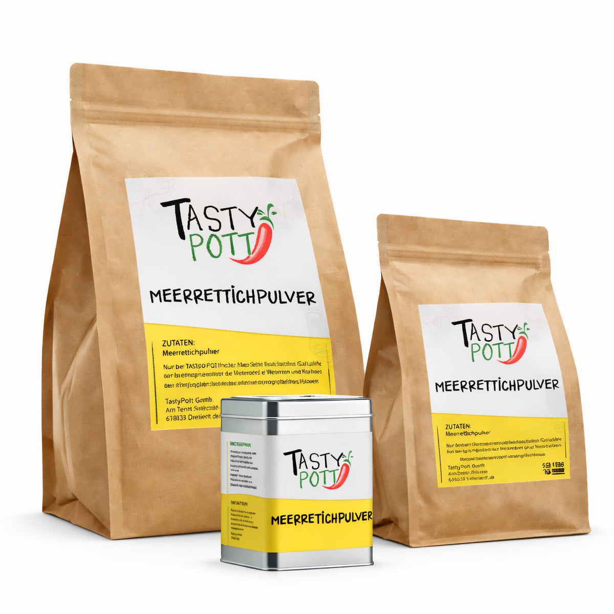 Tasty Pott Meerrettichpulver 250g Nachfüllbeutel und Dose, nebeneinander auf weißem Hintergrund mit losem Pulver im Vordergrund.