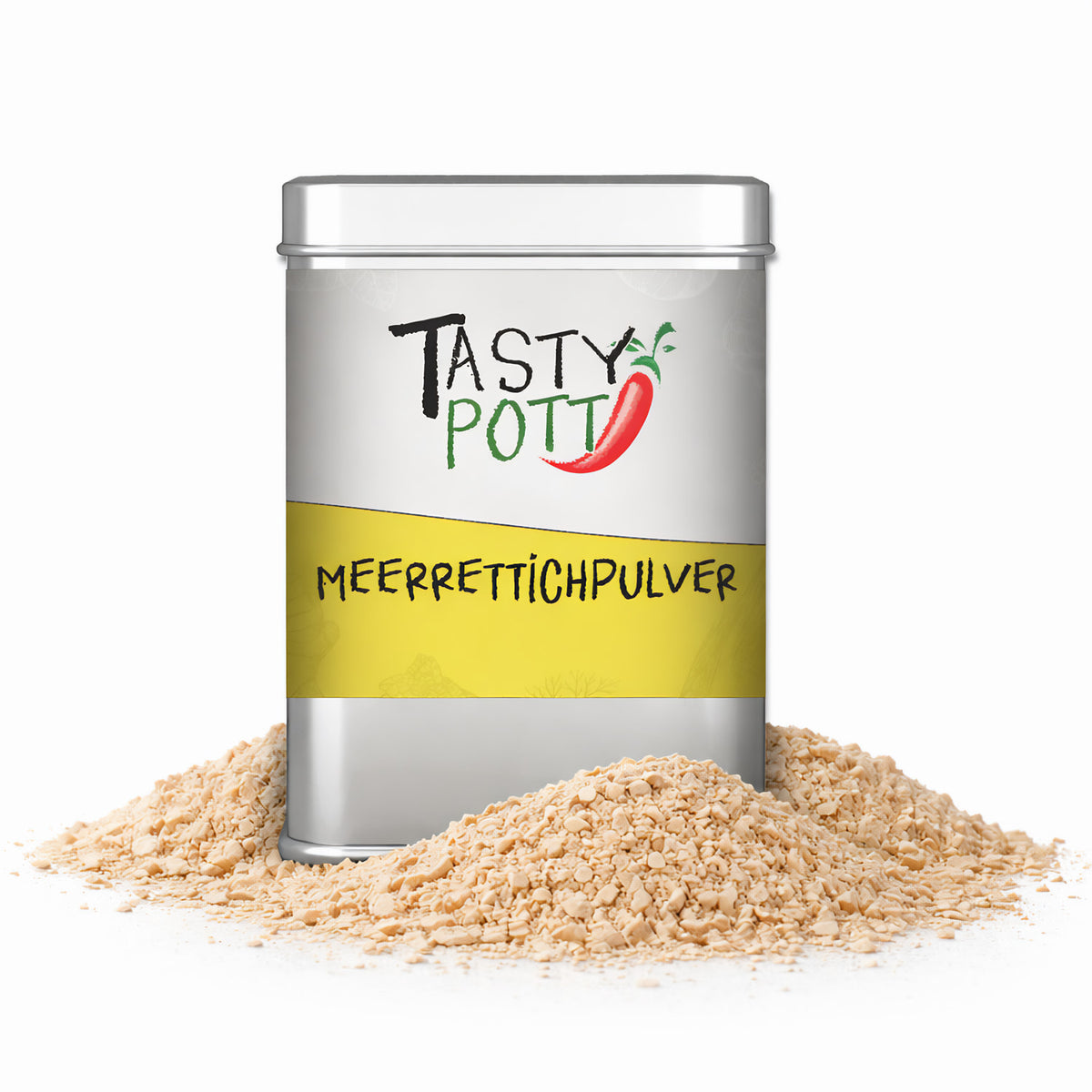 Tasty Pott Meerrettich Pulver in silberner Dose, umgeben von hellbeigem Pulver auf weißem Hintergrund.