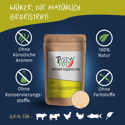 Tasty Pott Meerrettichpulver im braunen Beutel, umgeben von Symbolen für natürliche Zutaten und verschiedene Anwendungsbereiche wie fisch, fleisch und gemüse.