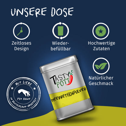 Tasty Pott Meerrettich Pulver Dose auf dunkelblauem Hintergrund mit Icons für zeitloses Design, Wiederbefüllbarkeit und natürliche gewürze.