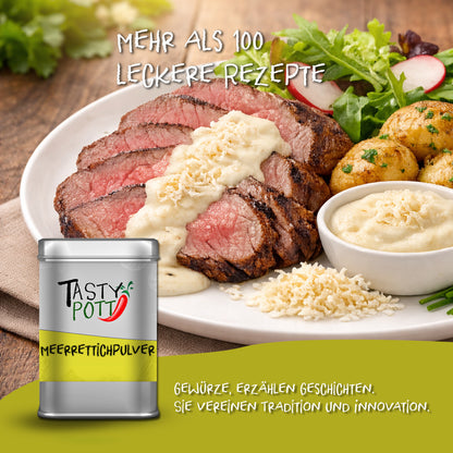 Angerichtetes fleisch mit Meerrettich-Sauce, Kartoffeln und Salat, vorne Tasty Pott Meerrettich Pulver Dose als gewürz für saucen.