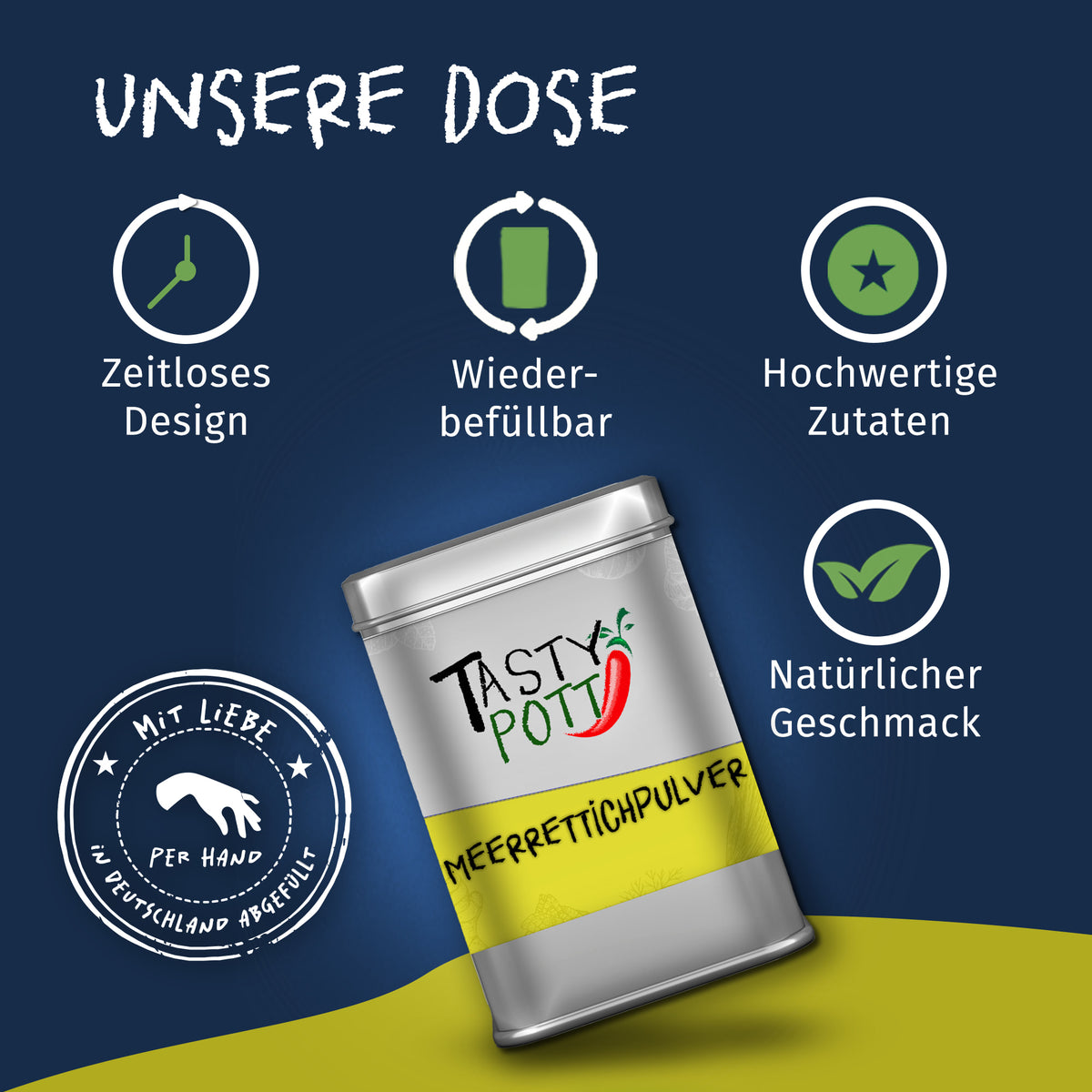 Tasty Pott Meerrettichpulver in silberner Dose, hervorgehoben auf blau-gelbem Hintergrund mit Icons für Design und Wiederbefüllbarkeit.