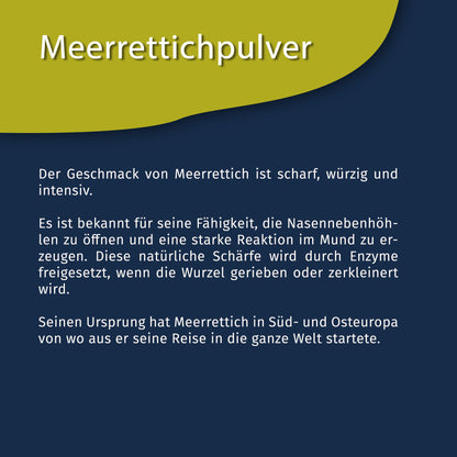 Infografik zu Meerrettichpulver mit Text über Geschmack, Herkunft und Schärfe von Meerrettich auf blau-gelbem Hintergrund.