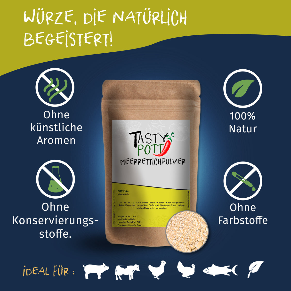 Tasty Pott Meerrettichpulver 250g Nachfüllbeutel auf blauem Hintergrund mit Symbolen für natürliche Zutaten und ohne Zusatzstoffe.