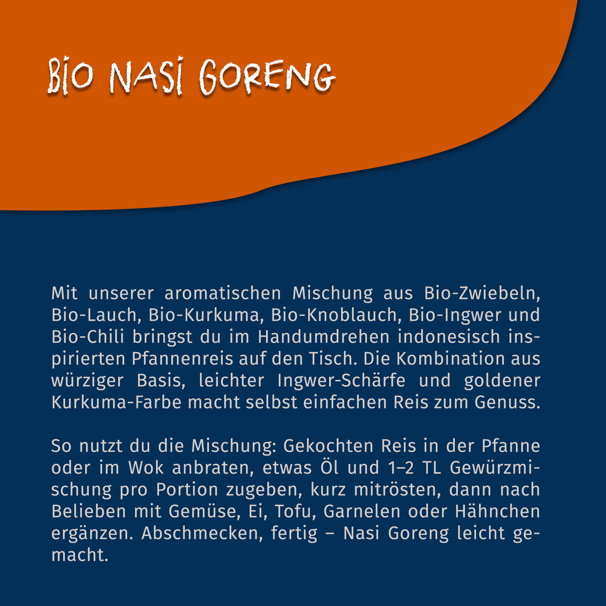 Texttafel mit Beschreibung zur Verwendung und Zusammensetzung des Tasty Pott Bio Nasi Goreng Nachfüllbeutels.