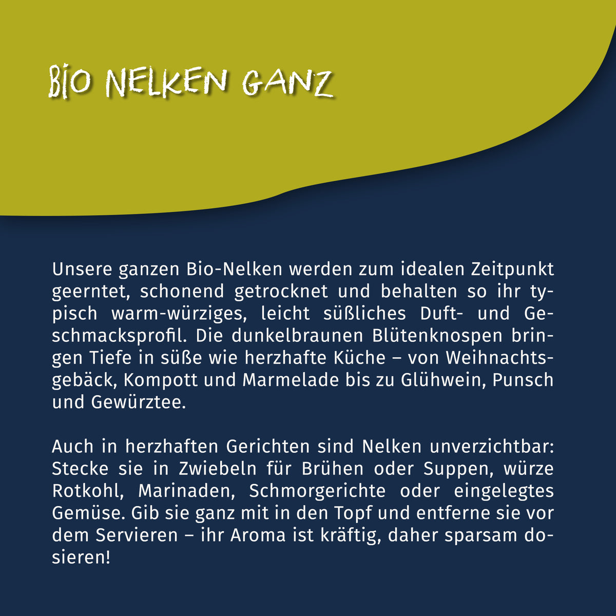 Texttafel mit Beschreibung der Tasty Pott Bio Nelken ganz, Anwendungstipps für Kochen und Backen auf blau-gelbem Hintergrund.