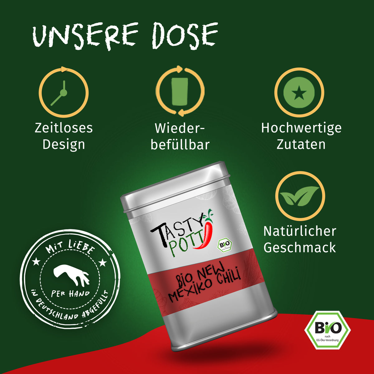 Tasty Pott Bio New Mexiko Chili Pulver Dose vor grünem Hintergrund mit Symbolen für Design, Wiederbefüllbarkeit und hochwertige Gewürze.