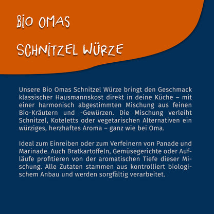 Texttafel mit Beschreibung zur Bio Omas Schnitzel Gewürzmischung von Tasty Pott auf blau-orangem Hintergrund.
