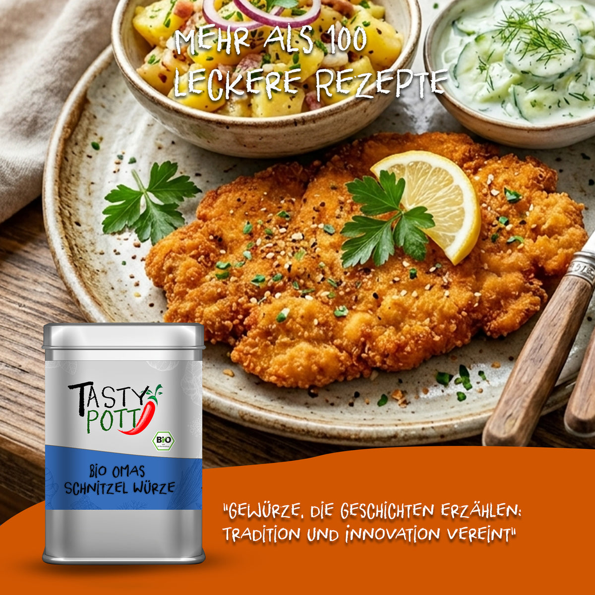 Gebratenes Schnitzel mit Zitronenscheibe und Petersilie, daneben Tasty Pott Dose Omas Schnitzel Gewürzmischung und Beilagen auf einem Holztisch.