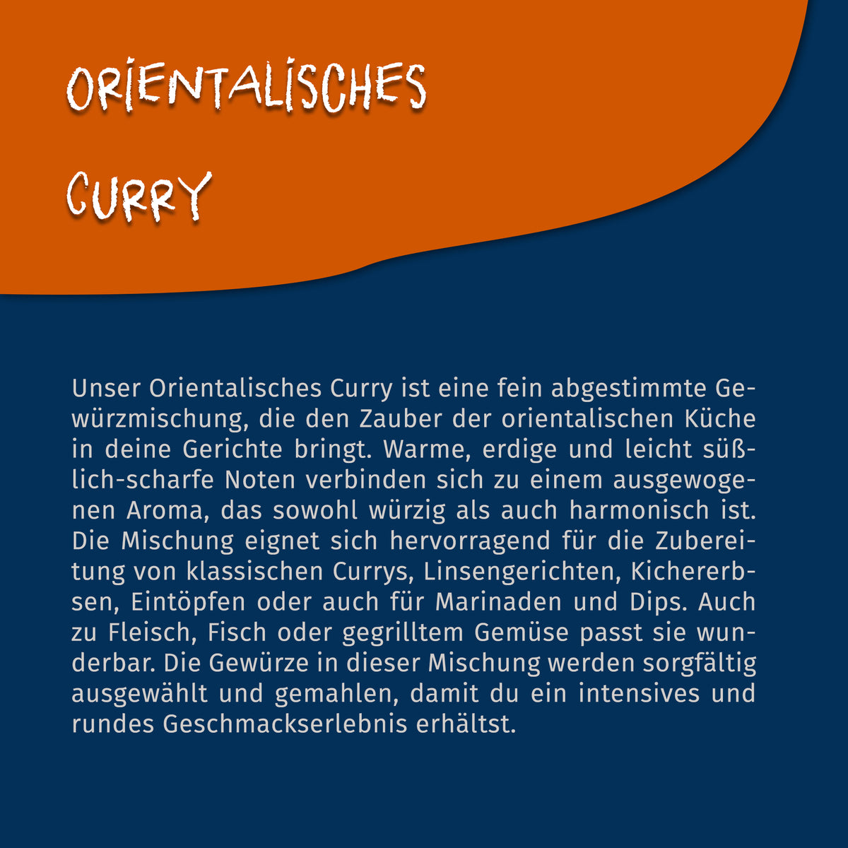 Texttafel mit Beschreibung der Tasty Pott Currymischung orientalisches Curry auf blau-orangenem Hintergrund.