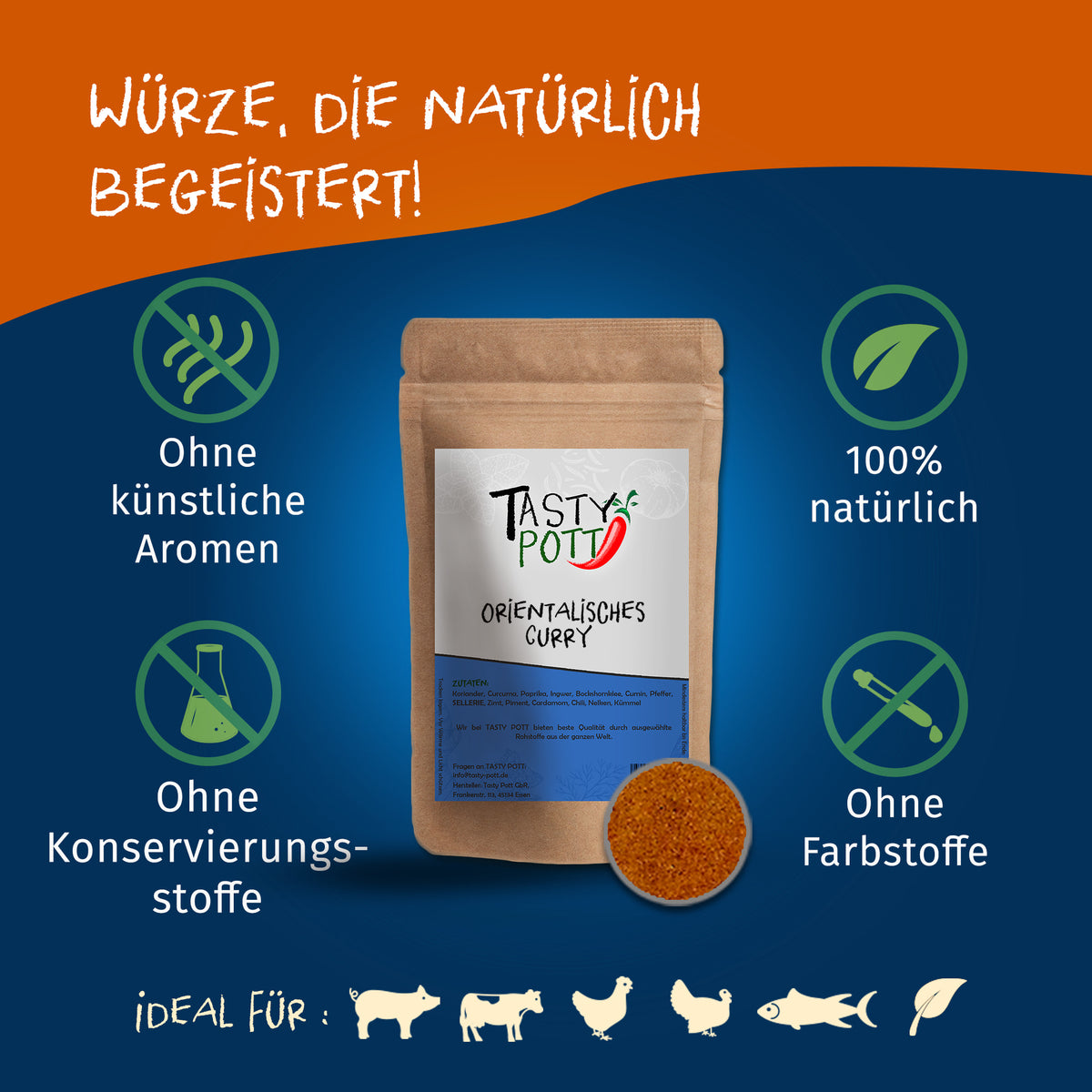 Tasty Pott orientalisches Curry in einer braunen Gewürztüte mit Sichtfenster, umgeben von Symbolen für natürliche Zutaten und ohne Zusatzstoffe.
