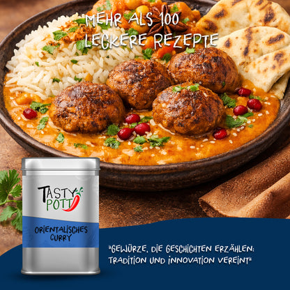 Serviervorschlag mit Reis, Currysoße, Fladenbrot und Fleischbällchen, vorne Tasty Pott orientalisches Curry Gewürzmischung in Dose.