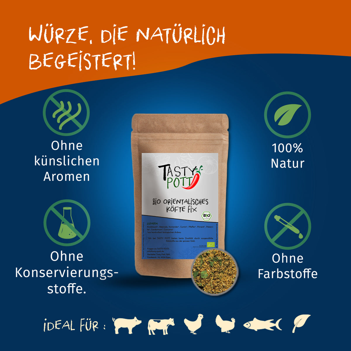 Tasty Pott orientalisches Köfte Gewürz im Nachfüllbeutel vor blauem Hintergrund mit Icons für natürliche Zutaten und ohne Zusatzstoffe.