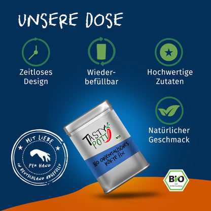 Tasty Pott orientalisches Köfte Gewürz in silberner Dose auf blauem Hintergrund mit Symbolen für Design, Wiederbefüllbarkeit und Qualität.
