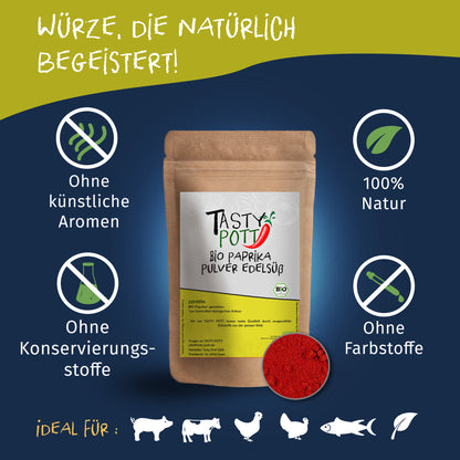 Tasty Pott Bio Paprikapulver edelsüß im braunen Nachfüllbeutel, umgeben von Symbolen für natürliche basic gewürze ohne künstliche Zusätze.