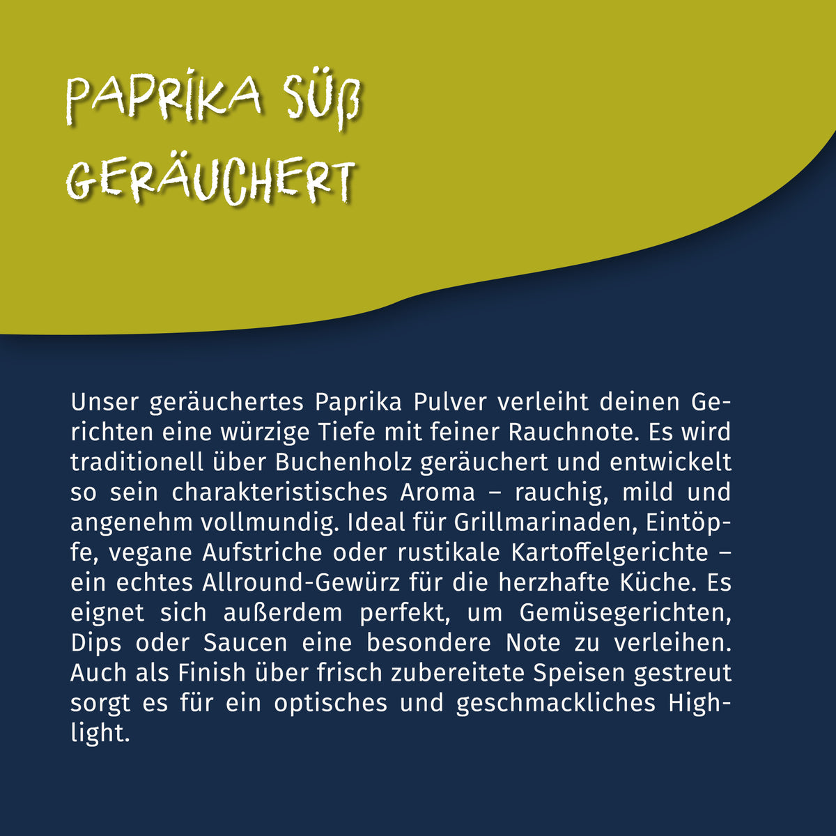 Texttafel mit Beschreibung zum Tasty Pott Paprika Pulver geräuchert, Fokus auf Verwendungsmöglichkeiten und Aroma, ohne sichtbares Produkt.
