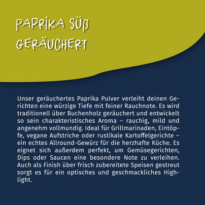 Texttafel mit Beschreibung zum Tasty Pott Paprika Pulver geräuchert, Fokus auf Verwendungsmöglichkeiten und Aroma, ohne sichtbares Produkt.
