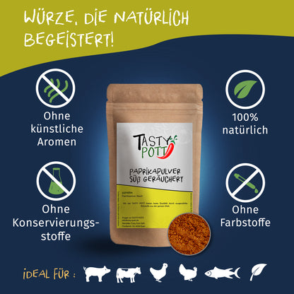 Tasty Pott Paprika Pulver geräuchert im braunen Beutel, umgeben von Symbolen für natürliche Zutaten und ohne Zusatzstoffe, mit kleiner Schale Paprikapulver.