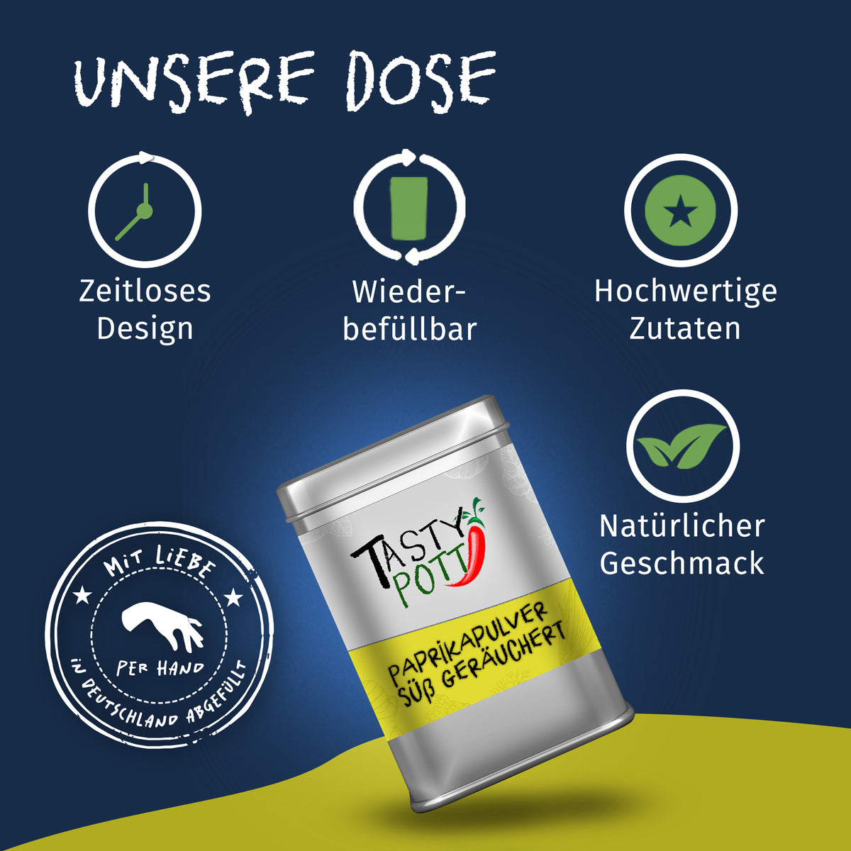 Tasty Pott Paprika Pulver geräuchert 100g Dose auf blau-gelbem Hintergrund, umgeben von Icons für zeitloses Design, Wiederbefüllbarkeit und hochwertige Einzelgewürze.