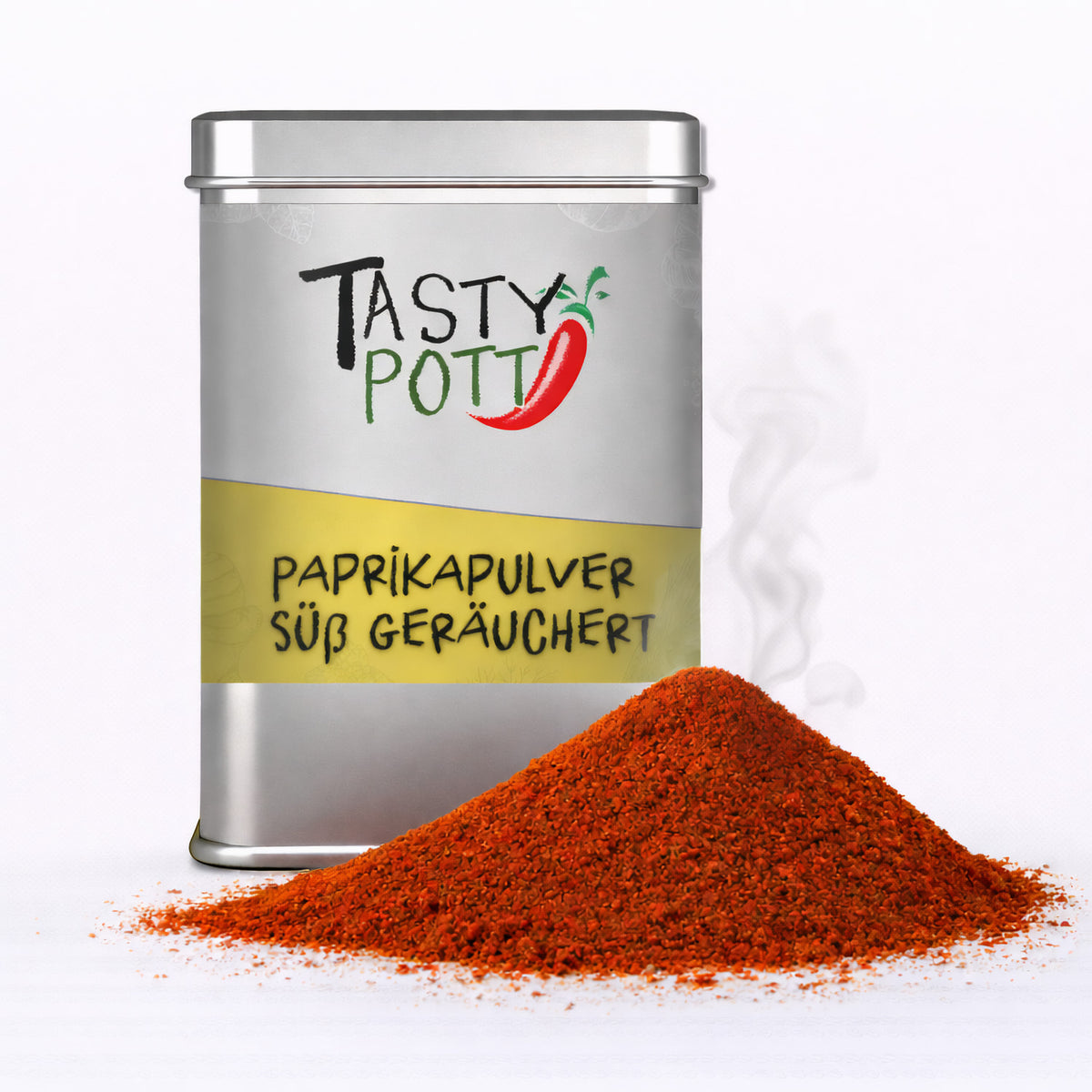 Tasty Pott Paprika Pulver geräuchert in silberner 100g Dose, daneben ein Haufen rot-oranges Paprikapulver, leicht rauchend auf weißem Hintergrund.