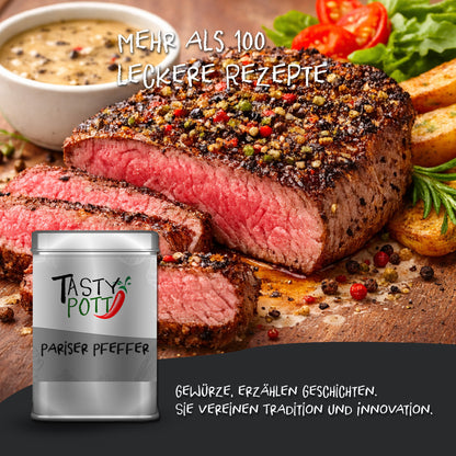 Angeschnittenes Steak mit Tasty Pott Pariser Pfeffer Gewürzmischung, Dose im Vordergrund, Gemüsebeilage im Hintergrund.