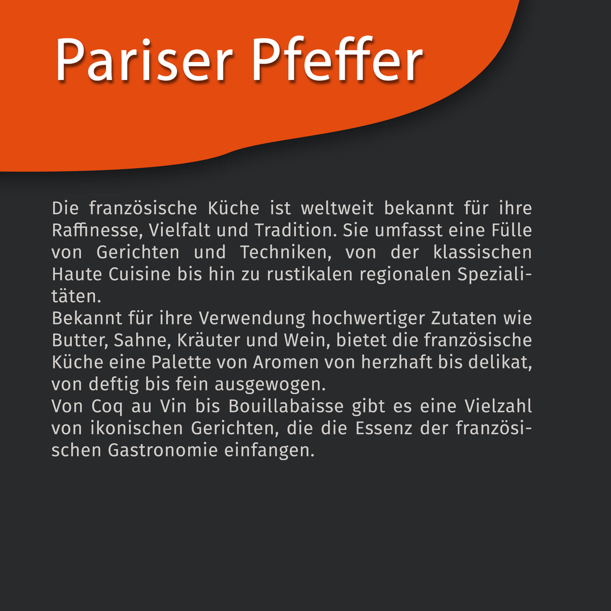 Texttafel mit Informationen zur französischen Küche und dem Pariser Pfeffer von Tasty Pott.