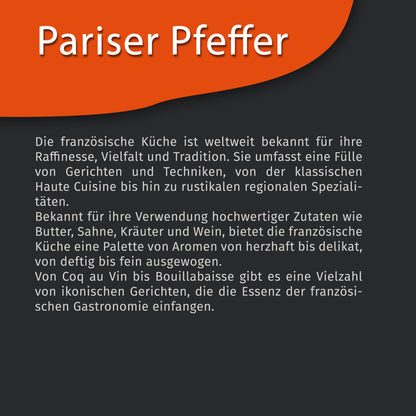 Texttafel mit Überschrift Pariser Pfeffer und Beschreibung der französischen Küche, ohne sichtbare Produktabbildung.