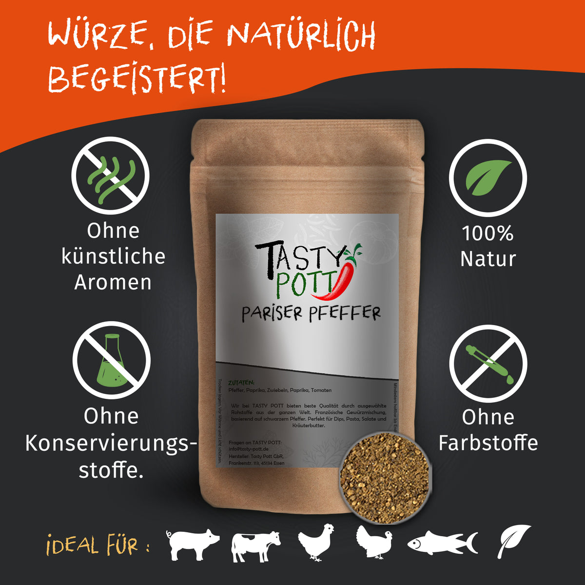 Tasty Pott Pariser Pfeffer Mix Nachfüllbeutel auf dunklem Hintergrund, umgeben von Symbolen für natürliche Zutaten und verschiedene Kochanwendungen.